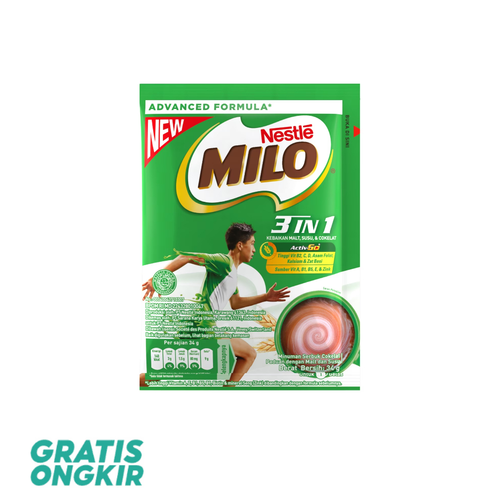 

Susu Coklat Milo 3in1 Saset 34gr Renteng 1 Renceng 10 Sachet