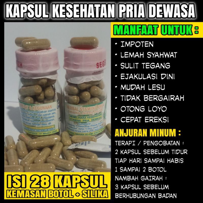

Kapsul Herbal Kesehatan Pria Dewasa 28 Kapsul (Mengatasi Ejakulasi, Impoten, Lemah Syahwat, Lesu, dll)