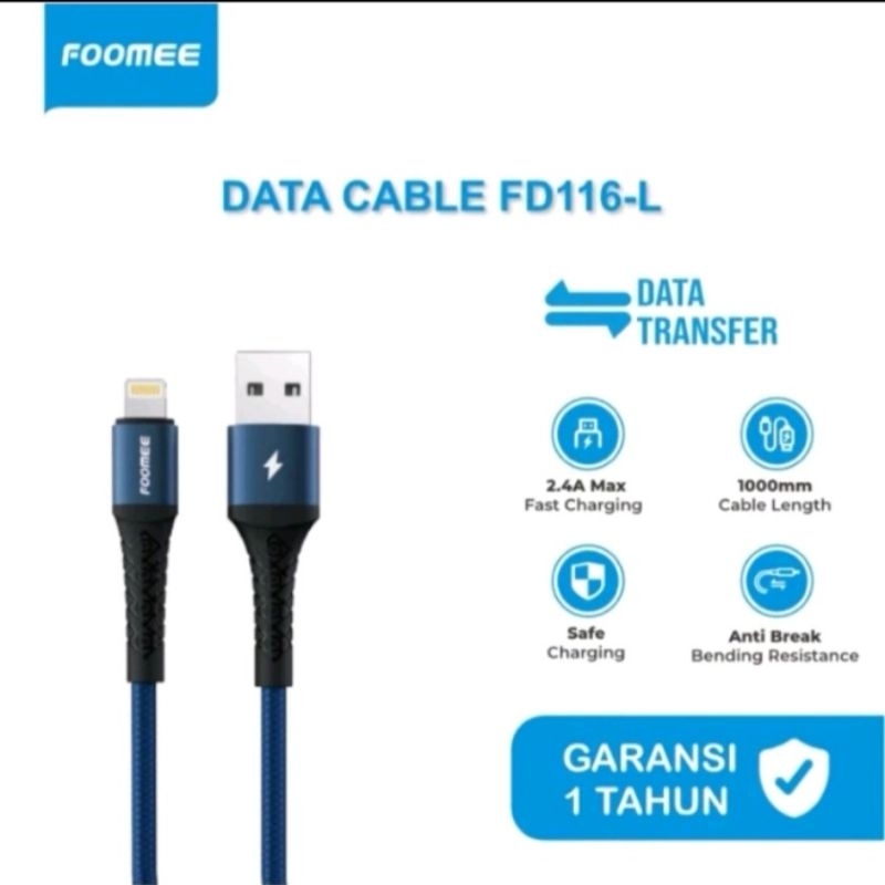 Foomee FD116-L Cable Data Lightning 2,4a Fast Charger Nylon Braided Fd116L