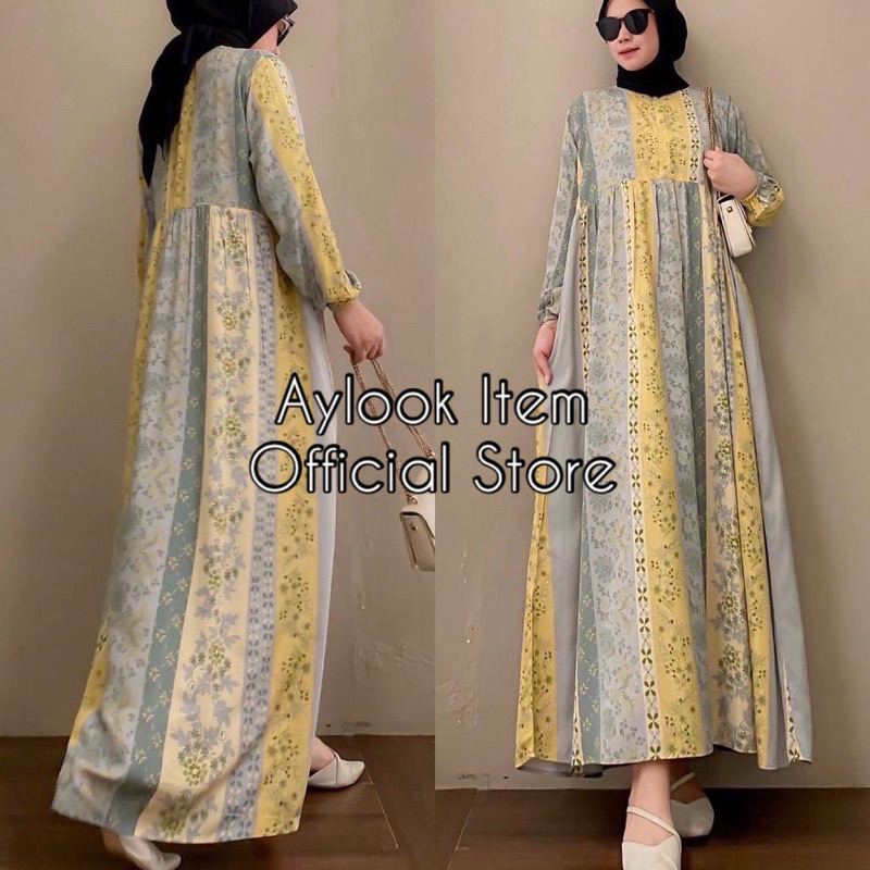 MIDI DRESS WANITA RAYON  / GAMIS RAYON ADEM BUMIL BUSUI FRIENDLY JUMBO-Etnik Kuning