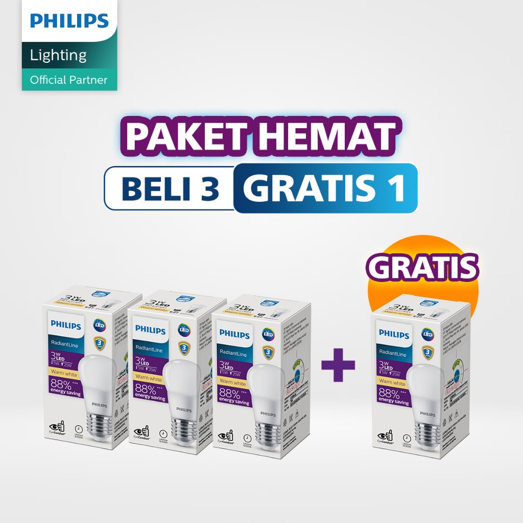 Beli 3 Gratis 1 Philips Lampu Radiantline LEDBulb 3W E27 3000K 230V Kuning