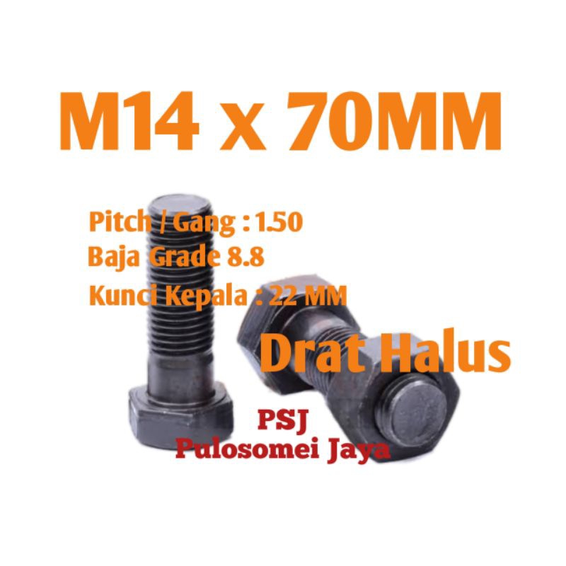 Baut Mur Baja 8.8 Drat Halus M14 x 70 MM / Baja 8.8 Drat Halus