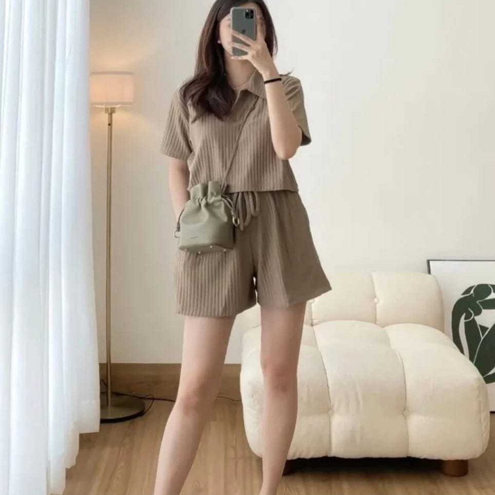 (ONE SET) PROMO SIERA SET CROP PENDEK KNIT HORNET TEBAL / SETELAN WANITA CELANA PENDEK KNIT TERMURAH