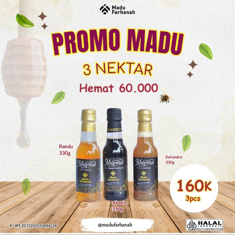 

Promo Madu Farhanah 3 nektar ( Randu, Akasia, Kaliandra ) Asli murni Raw pure honey 330g