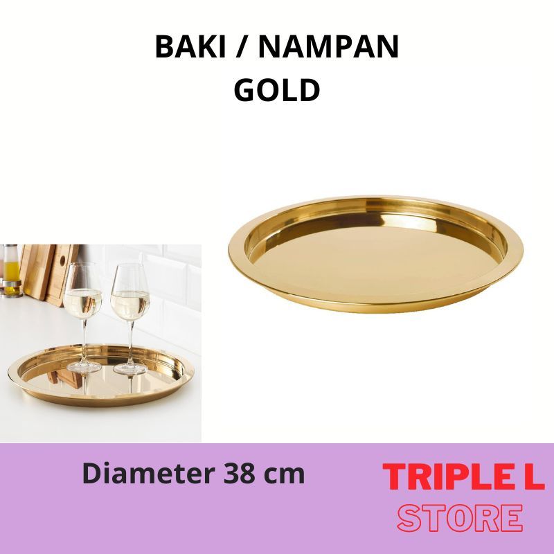 Baki Nampan Stainless Baja Tahan Karat Kuningan Gold Bulat 38 cm