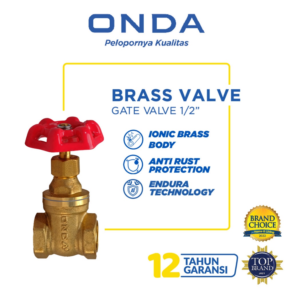 ONDA Brass Valve Pengatur Aliran Air Kuningan Anti Bocor dan Tahan Lama GATE VALVE 1/2"