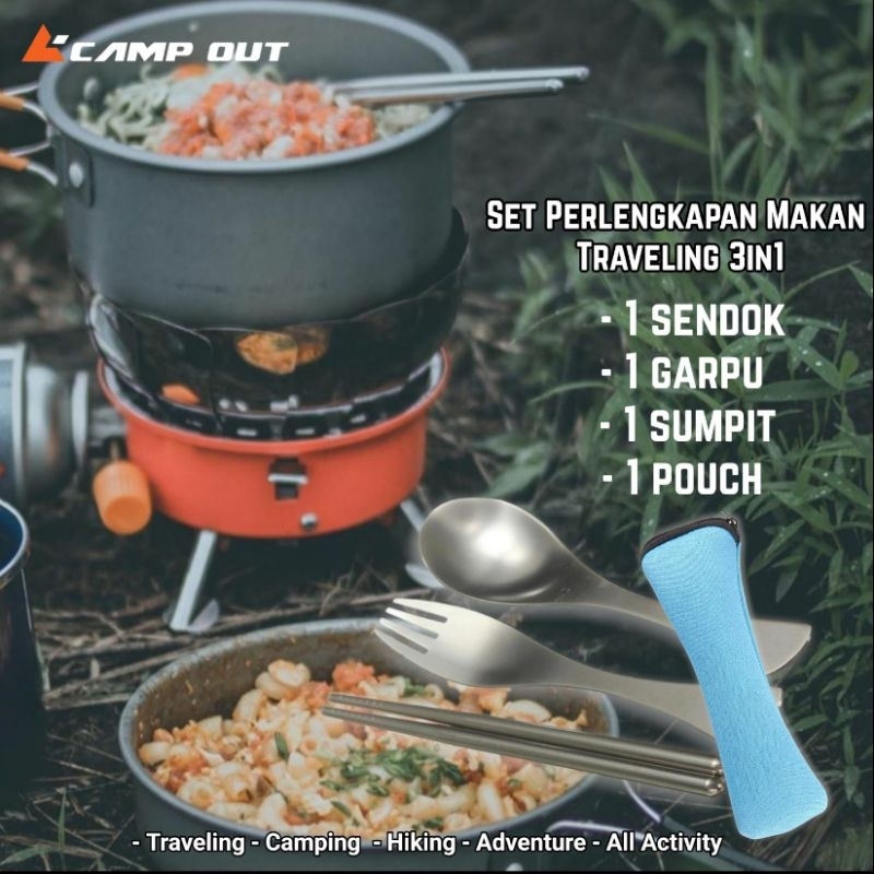 Set Perlengkapan Makan Traveling 3in1 - Paket Sendok Garpu Sumpit Camping + Pouch Portable