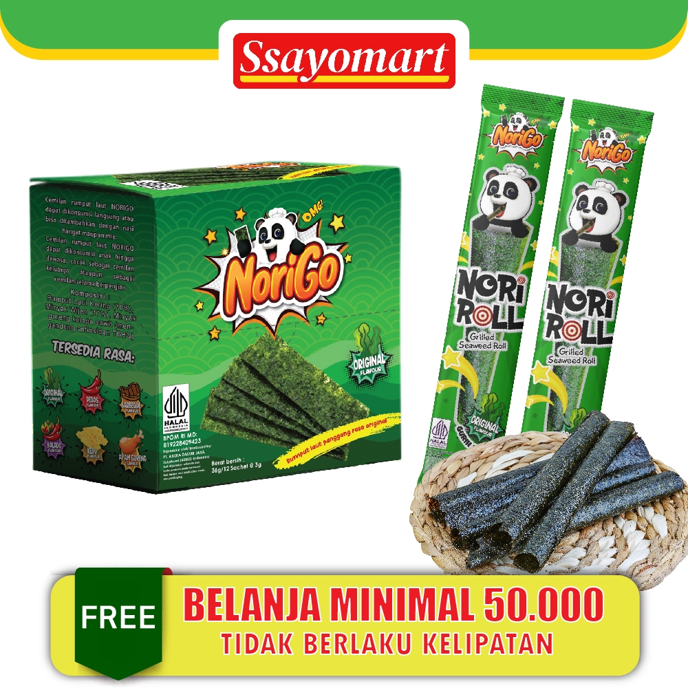 

Norigo 1 BOX ISI 12 / Nori Sachet Seaweed Snack 3g Original Rumput Laut Halal