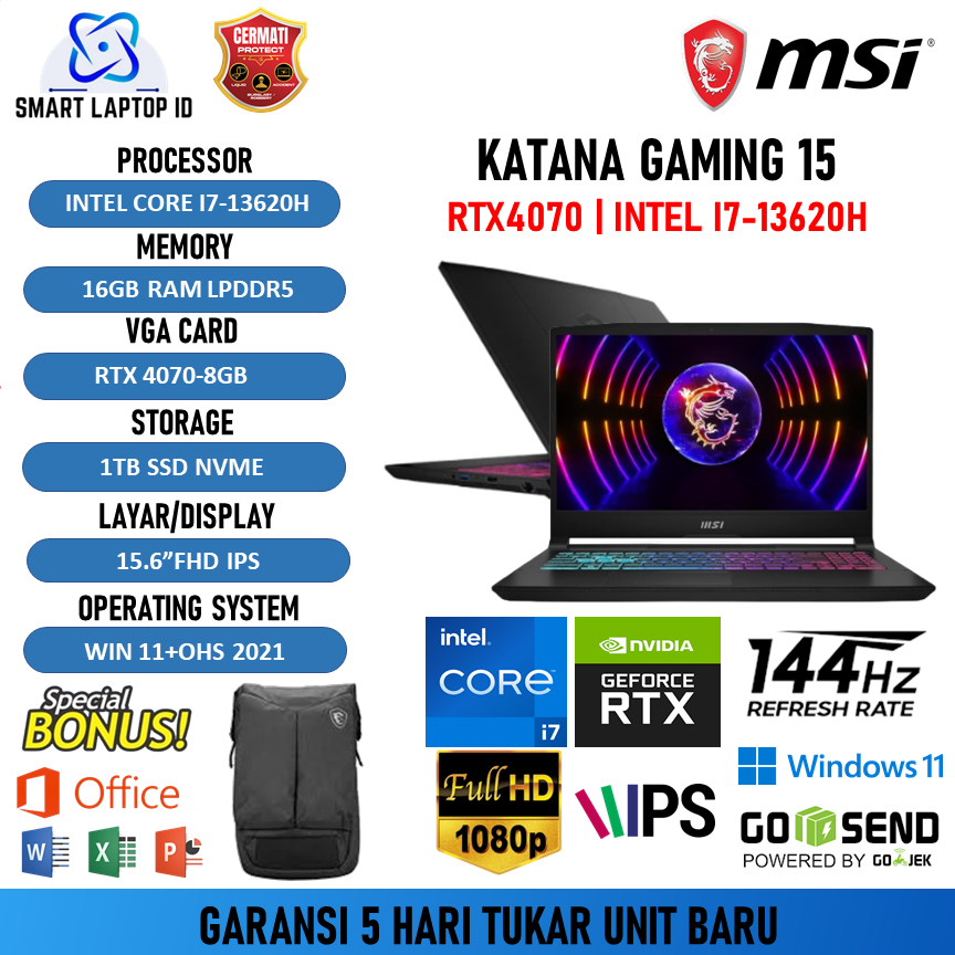 Laptop Baru Msi Katana 15 I7 13620H RTX4070 8GB/ Ram 16GB 1TB Windows11+OHS 15.6Fhd 144HZ