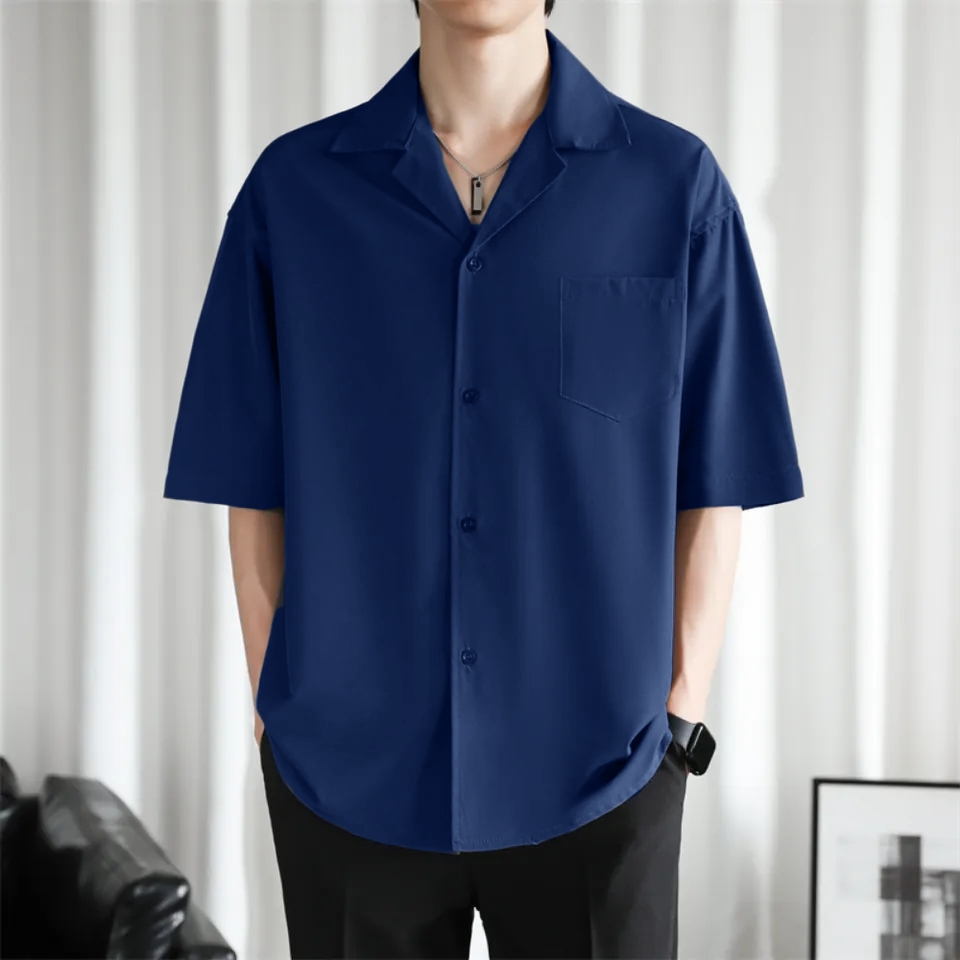Kemeja Hawai Pria Baju Pantai Piyama Polos Navy Hitam Putih Abu Maroon Korean Style Katun Rayon
