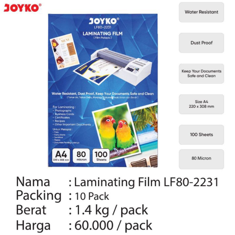 

HJK Plastik Laminating Film A4 Joyko LF100-2231 ( 1 Pak )