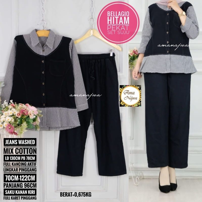 Bellagio One Set Setelan Celana Kulot Jumbo Blouse Jeans Mix Katun Kotak Ld 130 Jumbo Fit XXl By Amj