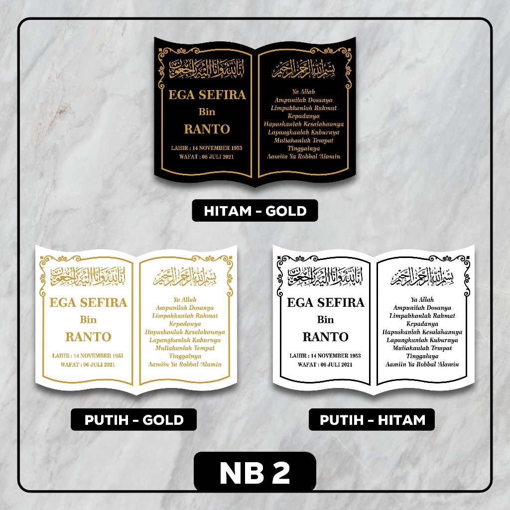 (SEHARI JADI) PAPAN NISAN ISLAM MODEL BUKU CUSTOM AKRILIK MAKAM / PRASASTI TULISAN UKIR NAMA / BATU 