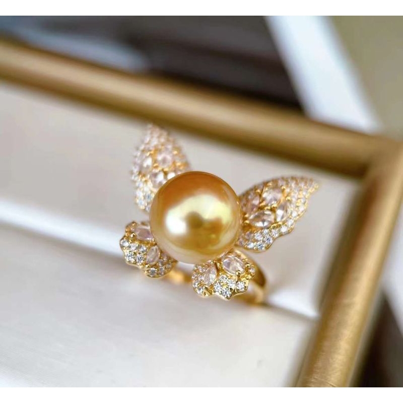 Cincin Mutiara air Laut Emas 18k/Au750