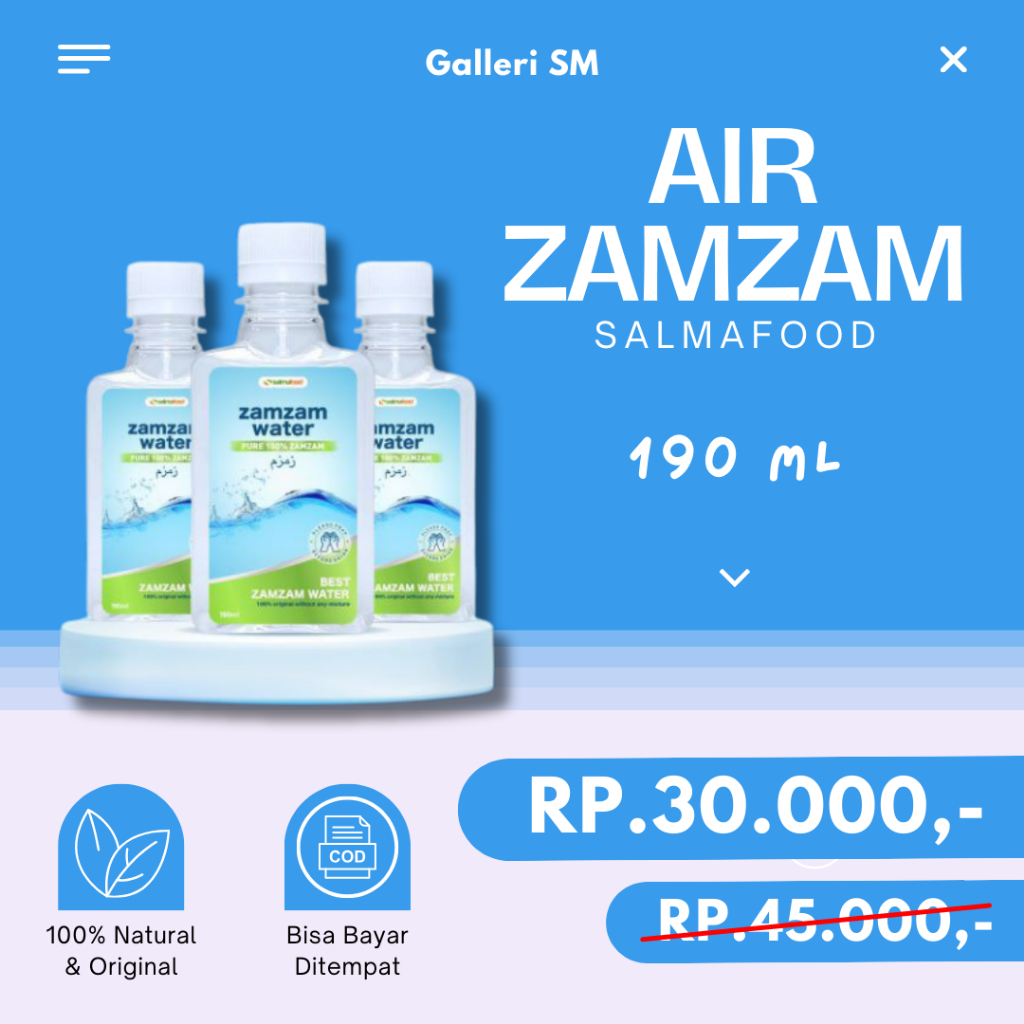 

Air Zamzam 190 ml Asli Salmafood Zam Zam Water Botol 100% Murni