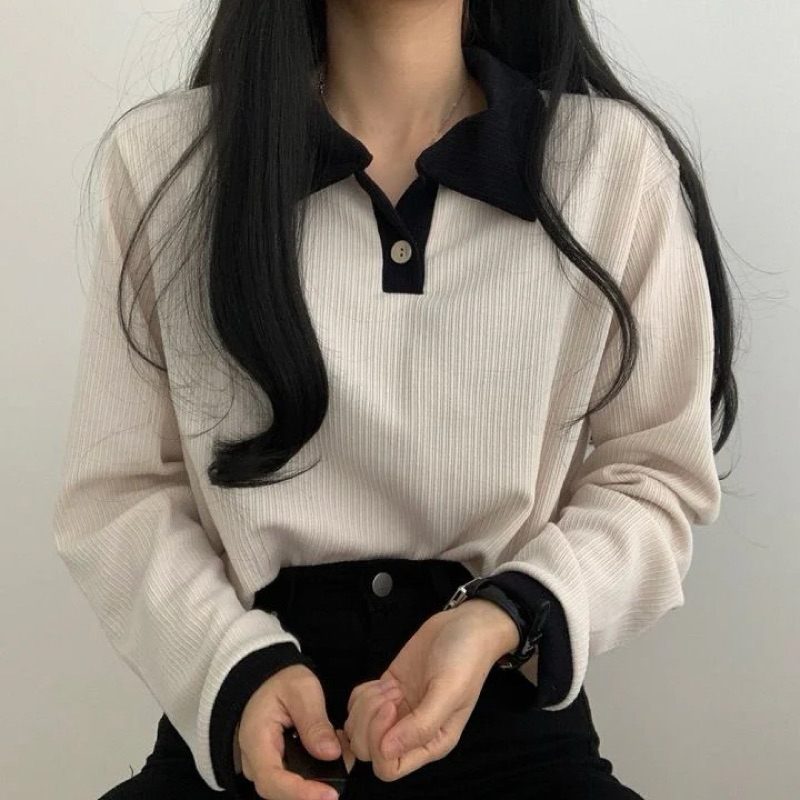 Sweater Wanita Korea Style Kancing Polos Kerah