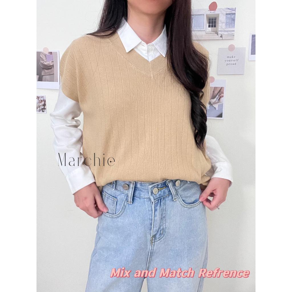 [Marchie] READY STOCK BANGKOK - Top Knit Arita / Baju atasan Knit Wanita / Rompi Perempuan Putih Coklat Polos / Rompi Korea