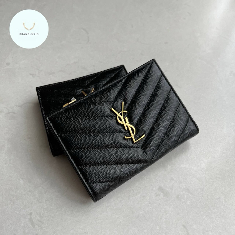 YSL monogram zippered small two fold wallet in black ghw