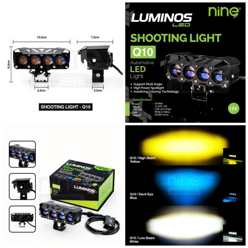 Lampu Sorot Luminos Q10 4 Mata Putih kuning Ice Blue Merah