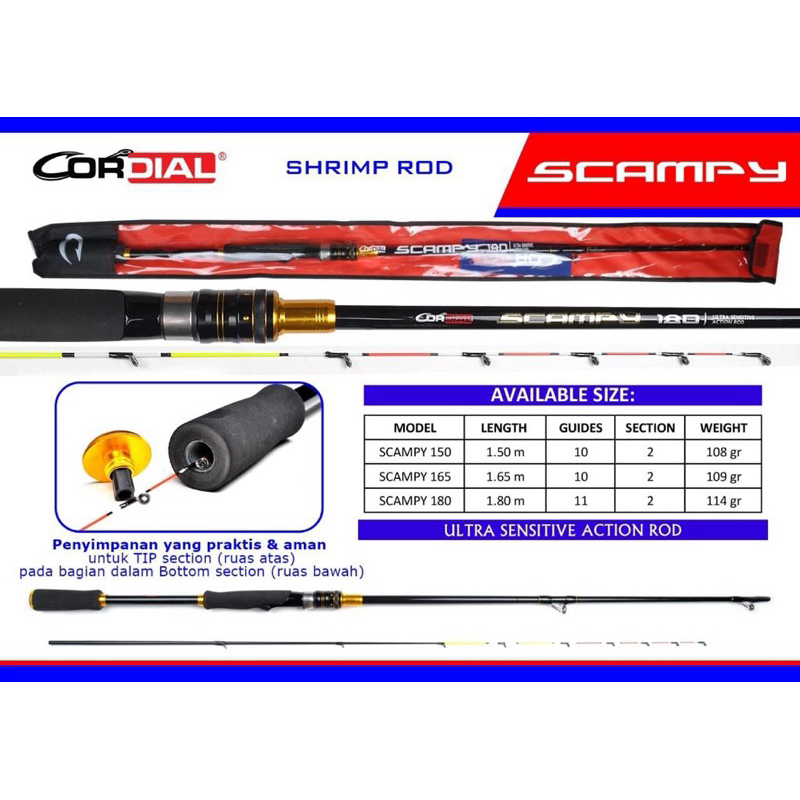 Joran Udang SB2, Scampy Cordial, Action : Ultra Sensitive, Top section bisa disimpan di dalam ruas b