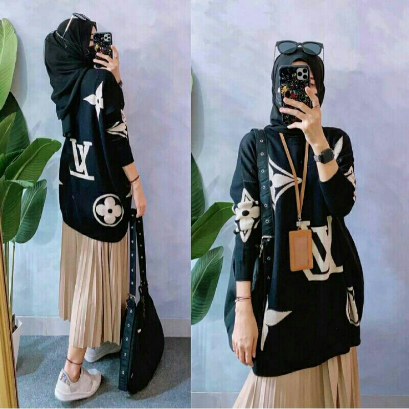 LV Rajut Jumbo warna hitam coklat black milo atasan sweater blouse cewek bahan Rajut premium ukuran 