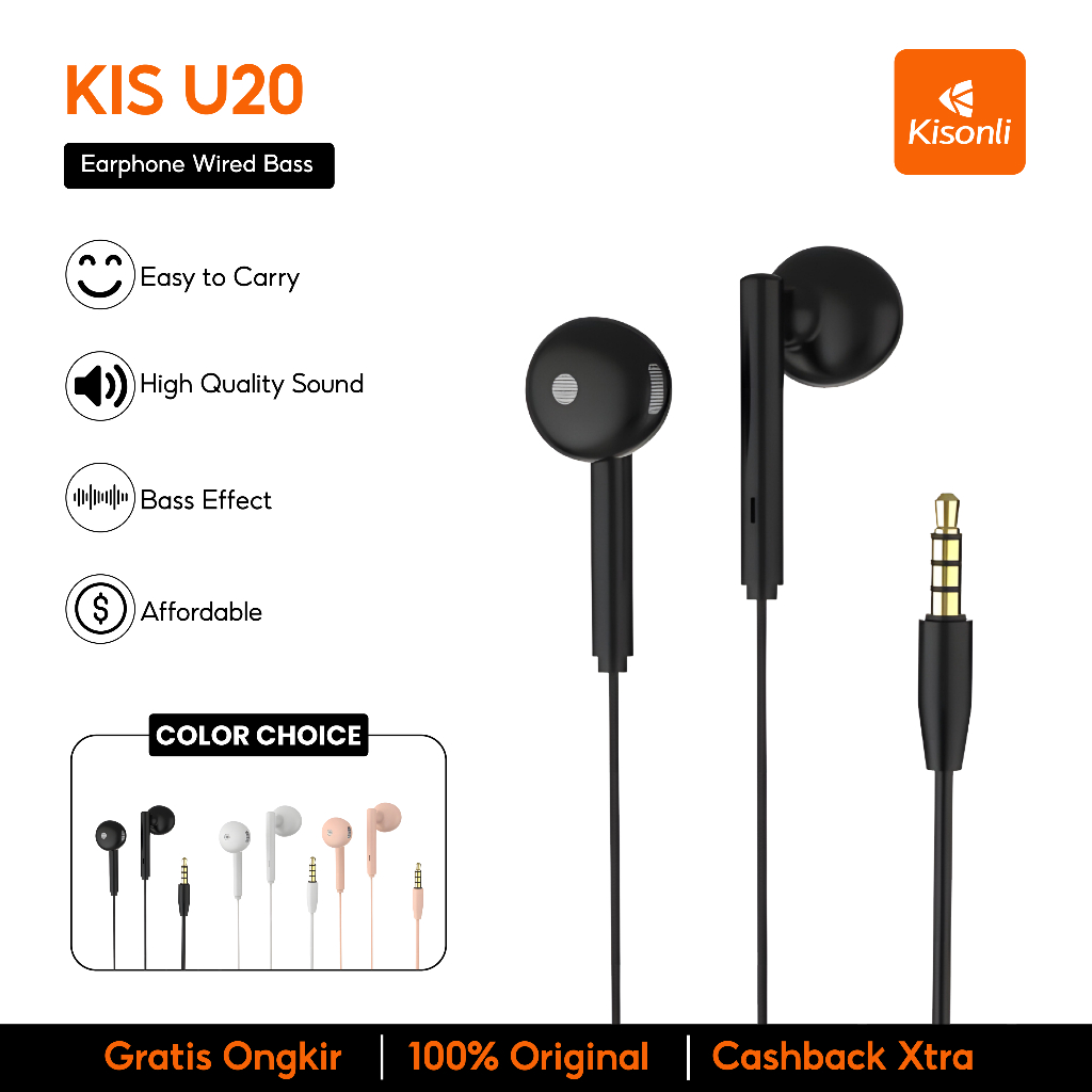 KISONLI U20 Earphone Wired Bass Kabel Jack 3.5mm Original