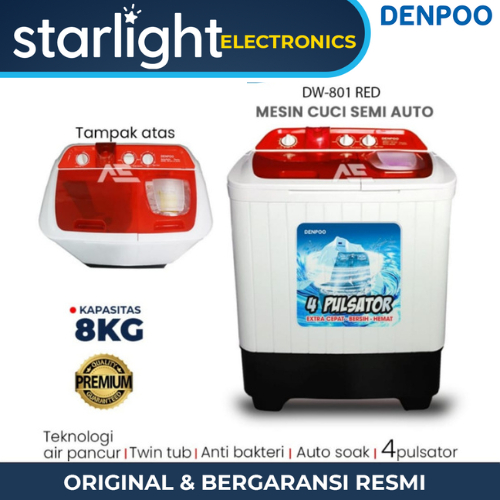 Mesin Cuci 2 Tabung Denpoo 8 Kg Tipe DW 801 - Merah