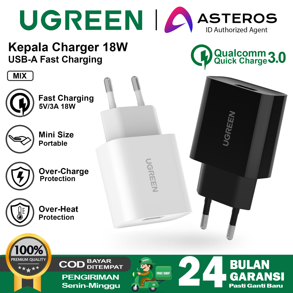 UGREEN Kepala Charger iPhone Android Fast Charging 18W USB QC 3.0