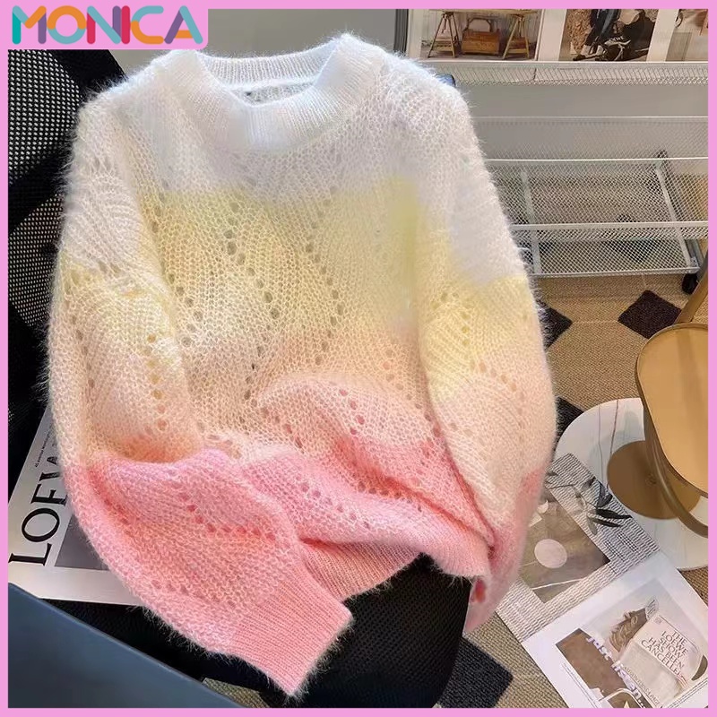 PREMIUM MONICA SWEATER RAJUT WANITA RAINBOW PELANGI LENGAN PANJANG PULLOVER LEHER BULAT KOREA