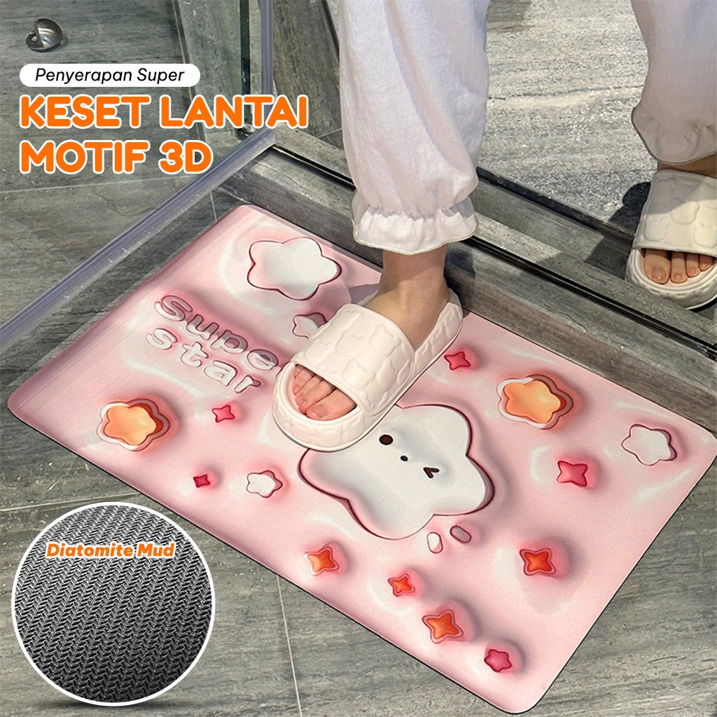 Keset Diatomite 3D Kotak Anti Slip Keset Kamar Mandi Keset Lantai Menyerap Air 3D Karakter
