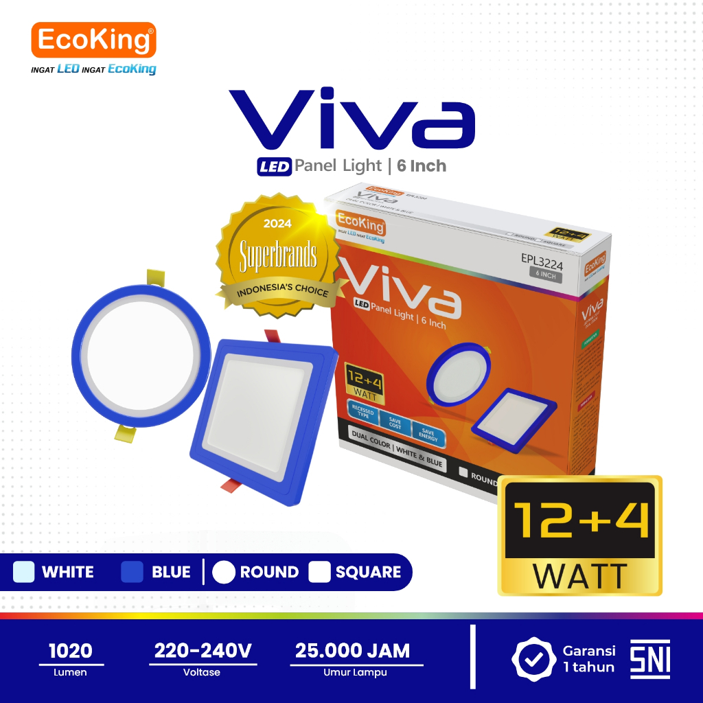 EcoKing LED Viva Inbow Panel Light Downlight Lampu Plafon Rumah 12W 6 Inch Square / Round Cahaya Put