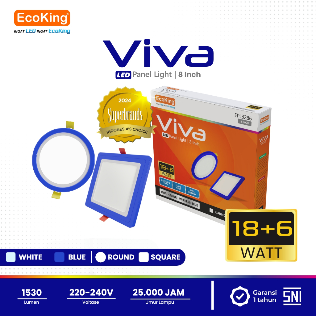 EcoKing LED Viva Inbow Panel Light Downlight Lampu Plafon Rumah 18W 8 Inch Square / Round Cahaya Put