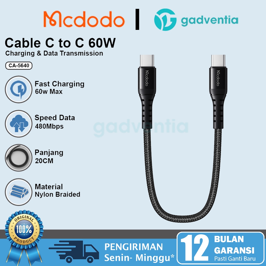 MCDODO Kabel Charger Pendek Power Bank Type C to Type C Powerbank Fast Charging 60w 20CM UGREEN 50cm