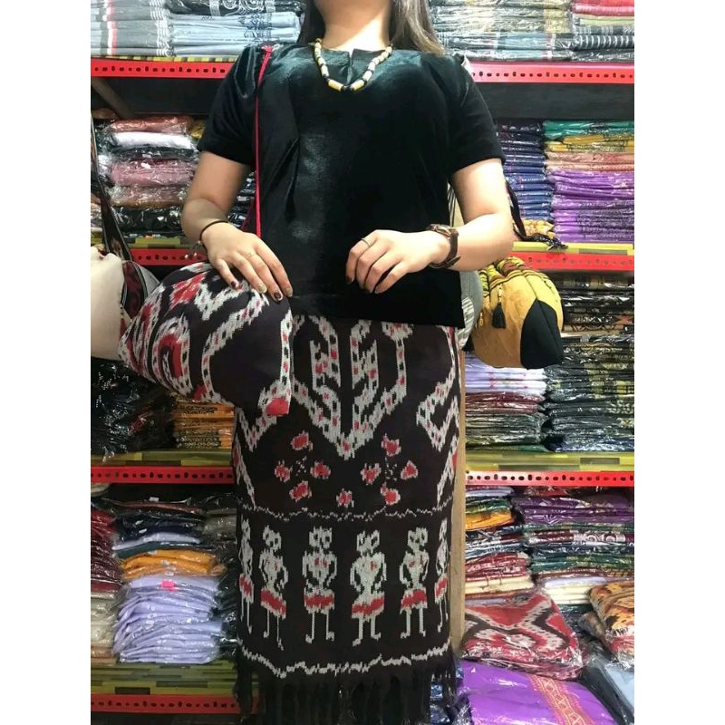 baju setelan wanita adat toraja hitam - baju tenun kombinasi polos - kain tenun blanket etnik jepara