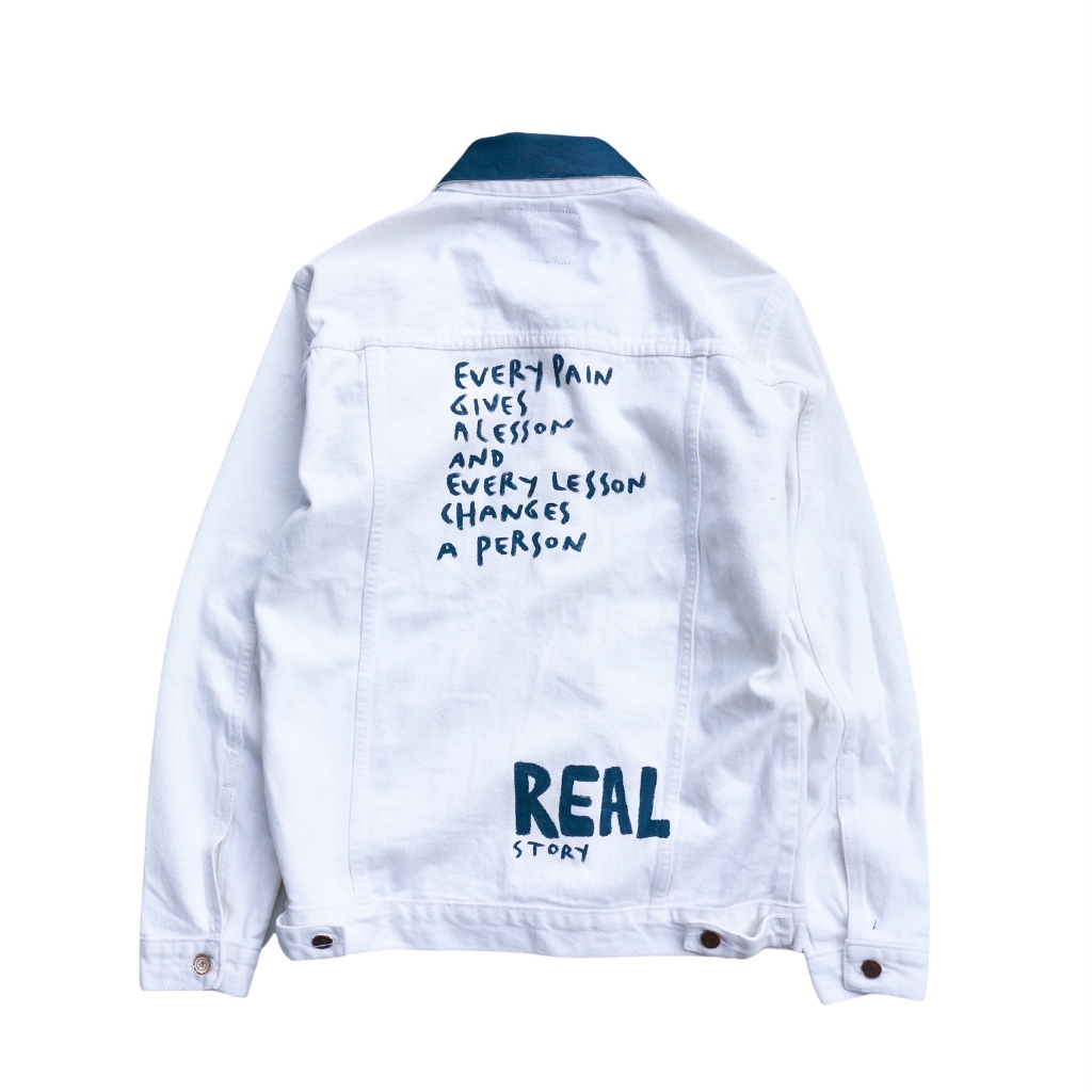 DURCHVOLK / VJJ394 / Jaket Jeans Denim Pria Wanita Painting Ripped Patch Big Size Putih