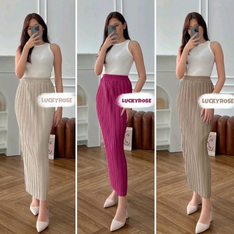 Banyak Dipakai Rok Lidi Plisket Lurus Premium Rok Span Tebal Plisket Skirt Rok Wanita Panjang Pleats