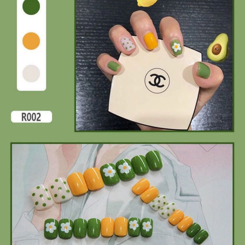 ( diolyn.id ) 24 PCS KUKU PALSU + LEM Motif bunga kuning hijau putih | yellow green olive kuku canti