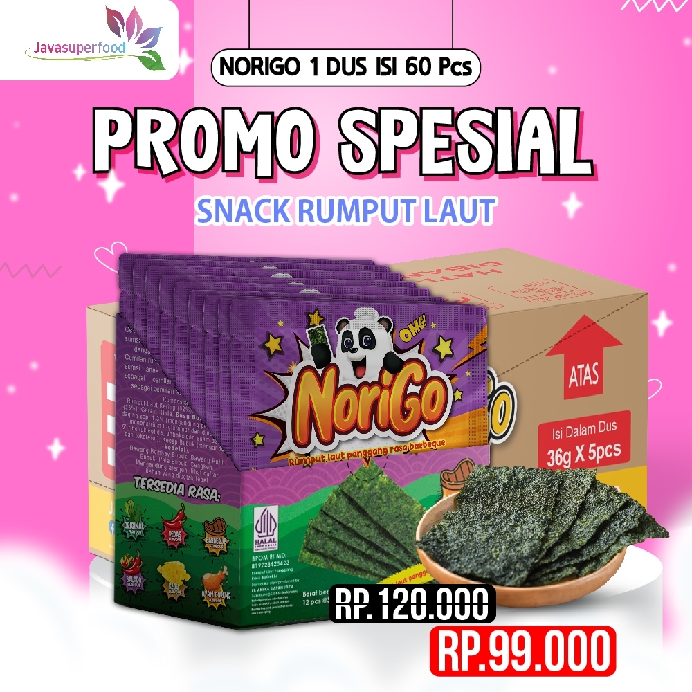 

[Halal] (BELI 1 DUS FREE 10 PCS) / Norigo Nori Sachet Seaweed Snack 3g Rasa BBQ / Rumput Laut Halal Rasa BBQ