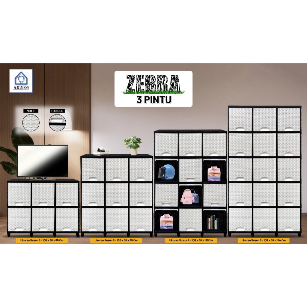 AKAKO - LEMARI PAKAIAN PLASTIK AKAKO LEMARI ZEBRA 3 PINTU SUSUN 2, 3, 4 DAN 5