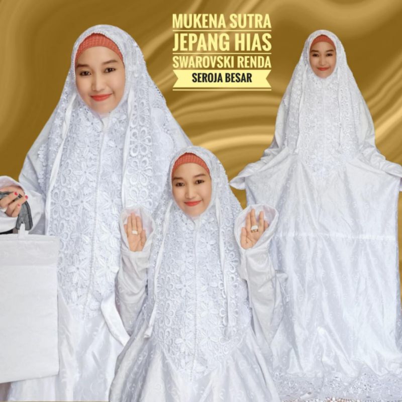 MUKENA SUTRA JEPANG RENDA SWAROVSKI TERUSAN WARNA PUTIH