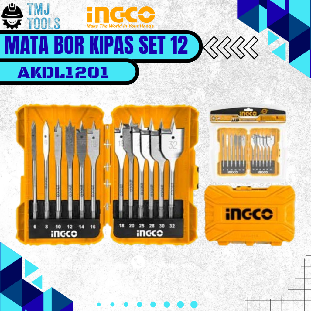 Mata Bor Kipas Trisula INGCO AKDL1201 Set 12 Pcs 6-32mm Flat Wood Drill Bits Pisau Bor Kayu Hole Saw