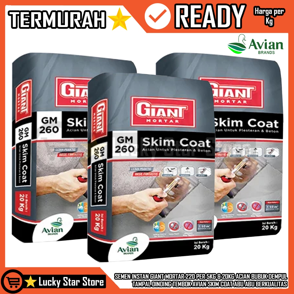 SEMEN INSTAN GIANT MORTAR 220 PER 5KG & 20KG ACIAN BUBUK DEMPUL TAMPAL DINDING TEMBOK AVIAN CEMEN SK