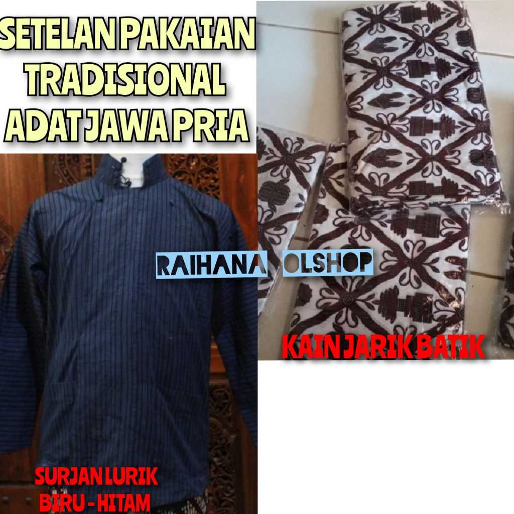 SEPAKET BAJU ADAT JAWA PRIA | SURJAN LURIK BIRU HITAM + KAIN JARIK BATIK | PAKAIAN NASIONAL LAKI / P