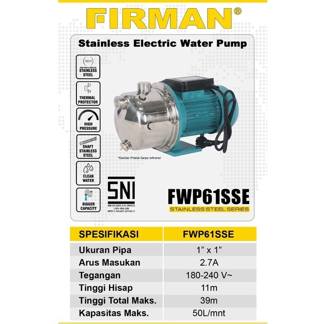 (FWP-61SSE FIRMAN) Pompa Air SEMIJET Steinless 1" FWP61SSE FIRMAN / Water Pump Air Depot Sumur Jetpu