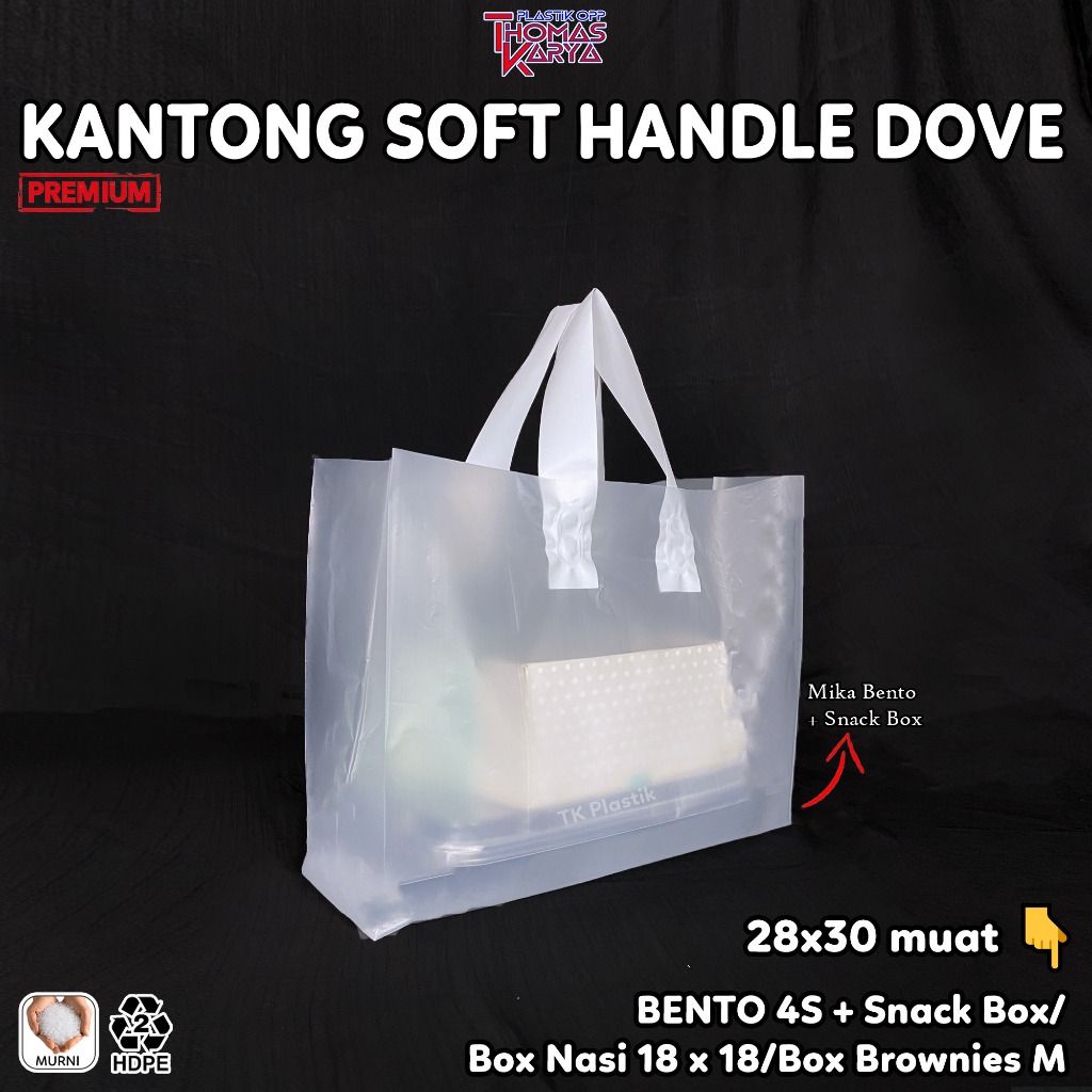 Softhandle Dove 28x30 isi 50 Plastik muat Mika Bento Sekat 4 / Box 18x18 / Dus Brownies H0KB3N Ultah