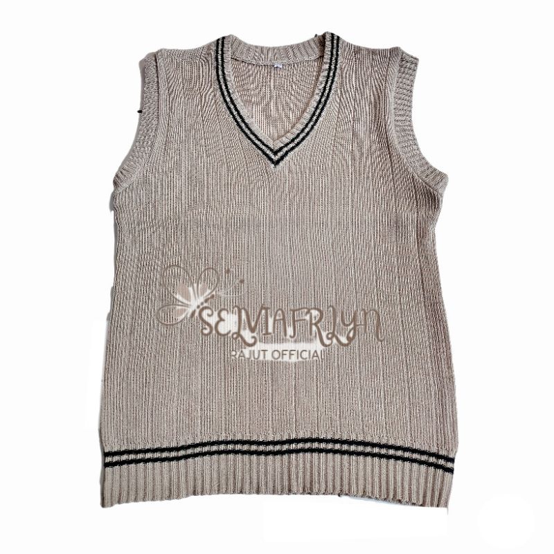 Rompi Rajut Vest Vneck List Olivver Korean Style Kekinian|Wanita/Pria|Vest Sekolah/Cream Vintage/Ker
