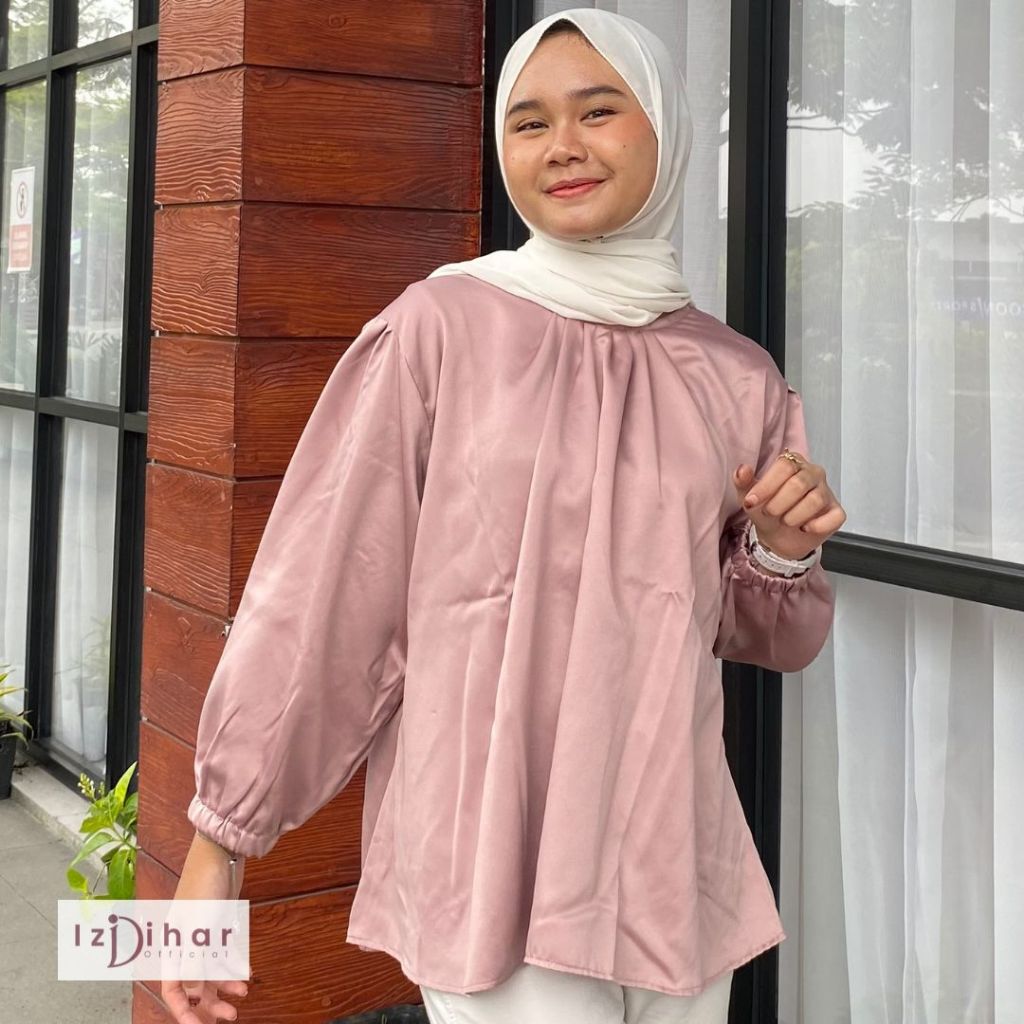 Amara Blouse hijab lengan balon - Baju atasan lengan panjang bahan satin LD 115cm - Baju formal resm