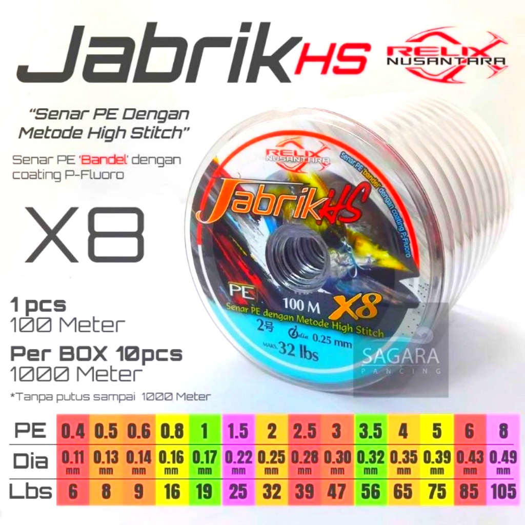 PE braided Relix Nusantara Jabrik X8 HS 100M Pe 0.8 Pe 1 Pe 1,5 Pe 2 Pe 2,5 Pe 3 Pe 3,5 Pe 4 Pe 5 Pe