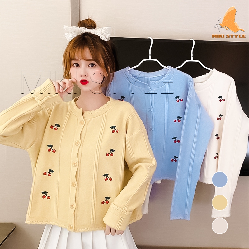 Miki - Cherry Knit Cardigan korea Rajut Import Busana Kasual Cherry Knit Cardigan