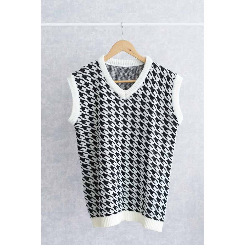 Sweater Rajut V-Neck tanpa lengan motif Houndstooth Sweater Vest